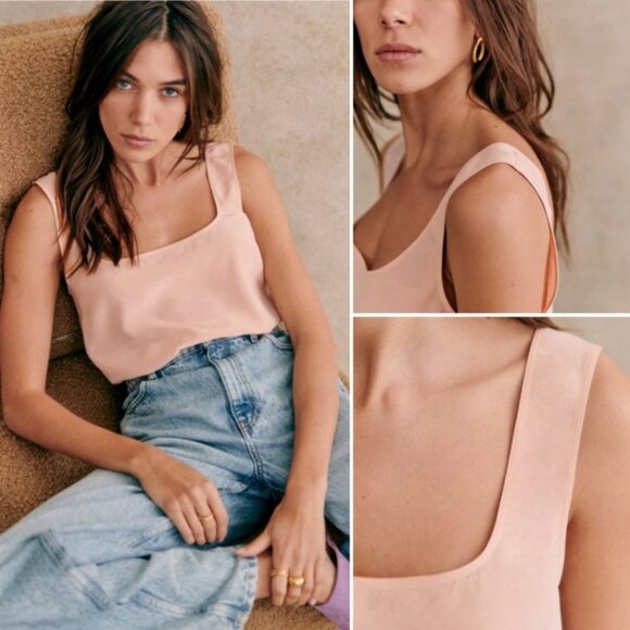 Sezane 100% Silk Tess Top Powder Pink Size 42 French US 10 Square Neck Blouse - Picture 1 of 10